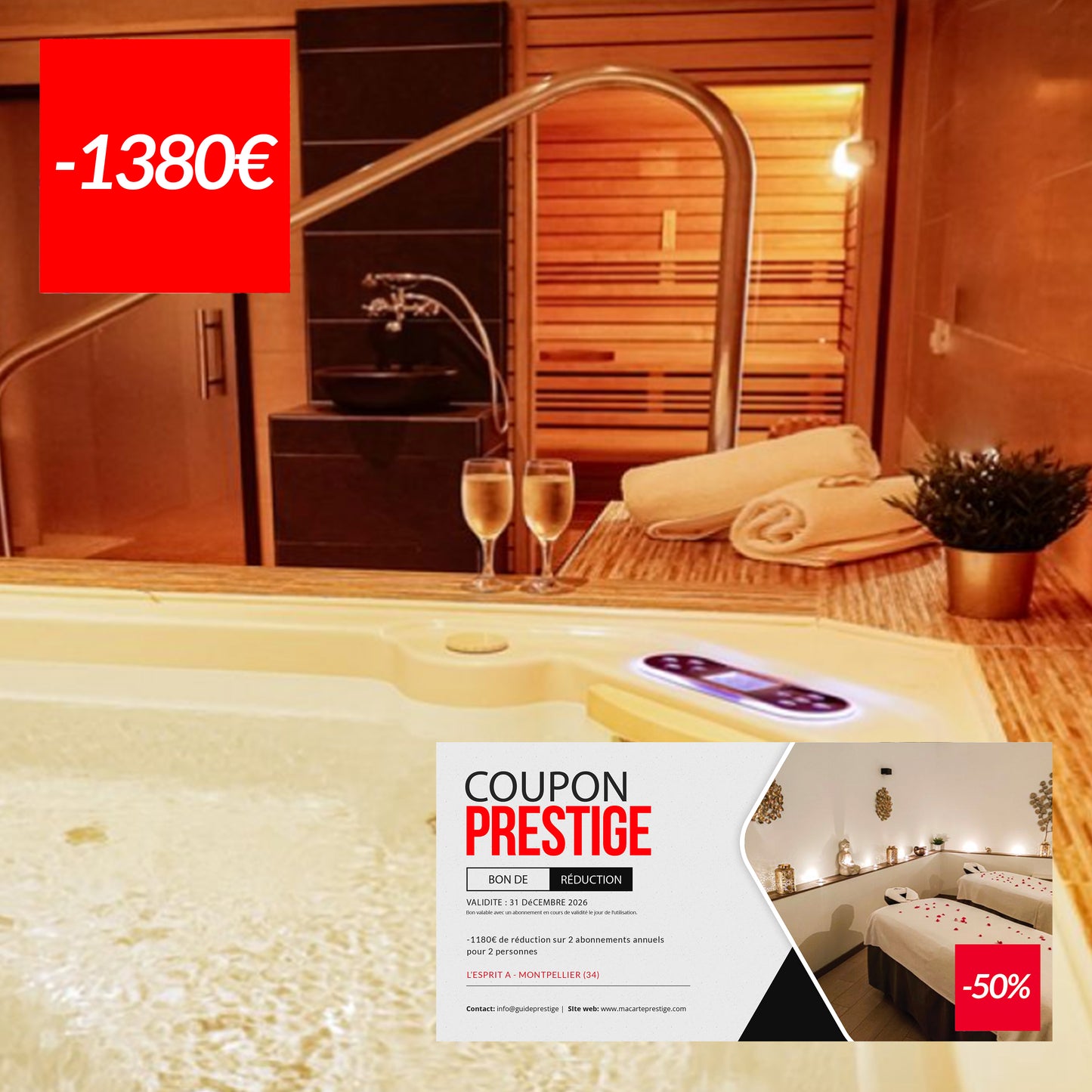 Coupon de réduction de 1380 € pour 2 abonnements annuels à -50% au Spa L'Esprit A - Montpellier (34)