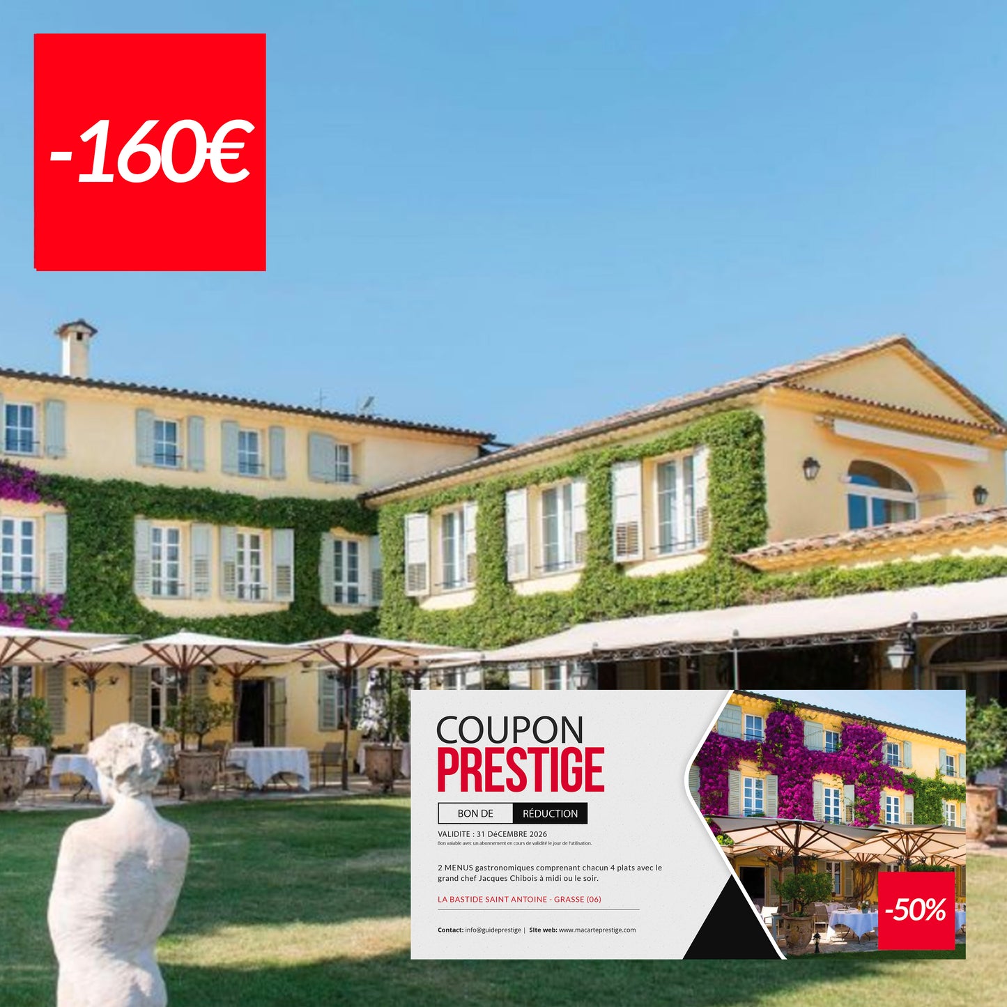 Coupon de réduction de 160€ pour 2 menus de grand chef (4 plats) à -50% chez Jacques Chibois à la Bastide Saint Antoine - Grasse (06)
