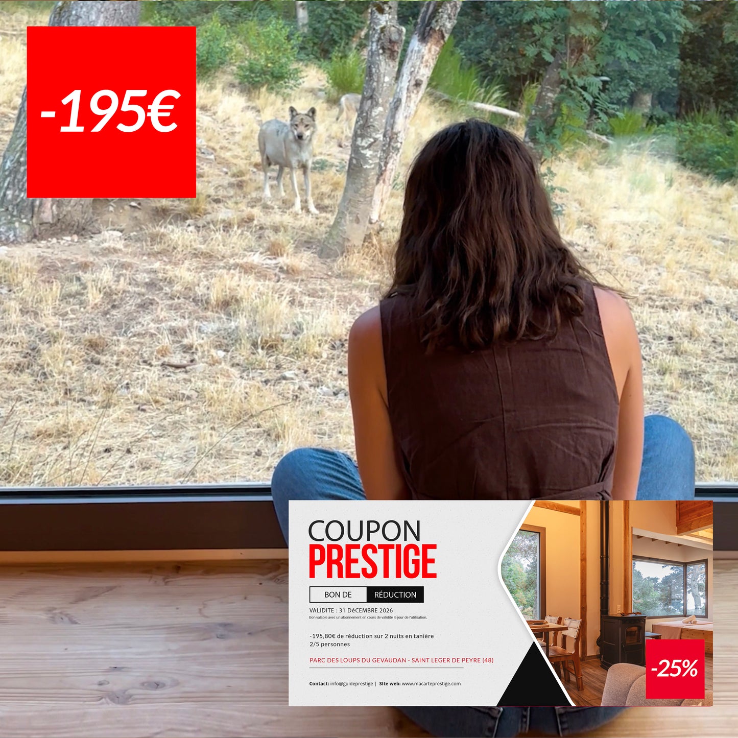 Coupon de réduction de 195,80€ 2 nuits 2/5 personnes en tanière face aux loups -25% - Saint Léger de Peyre (48)
