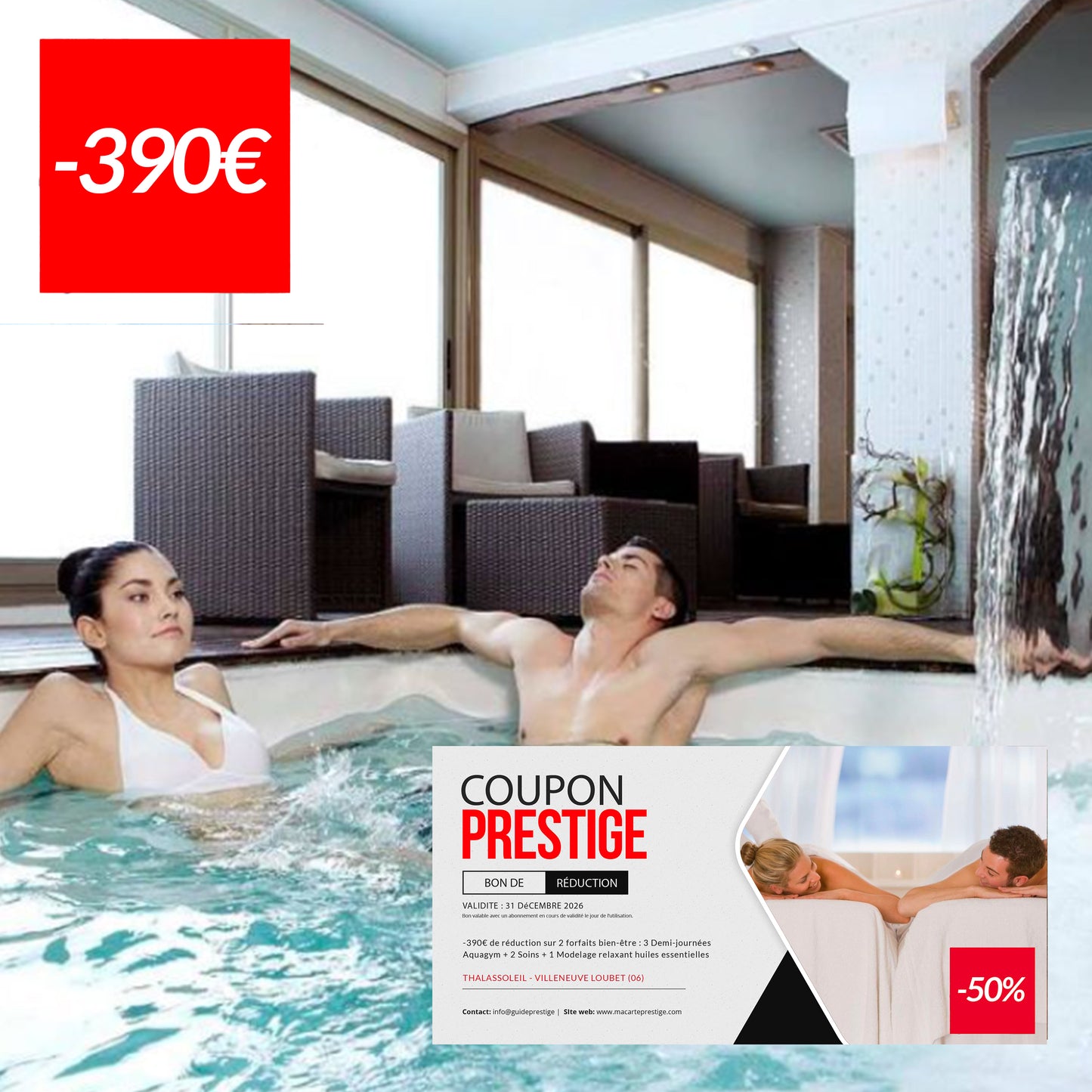 Coupon de réduction de 390 € pour 3 demi-journées Aquagym + 2 Soins 2 personnes à -50% - Villeneuve-Loubet (06)