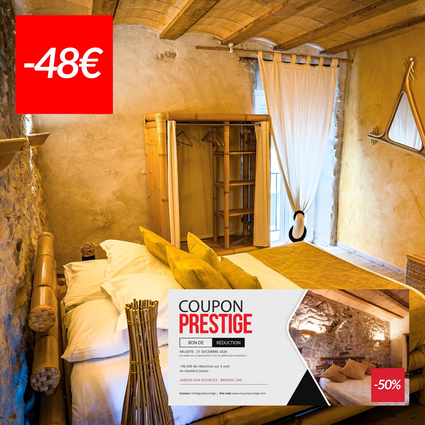 Coupon de réduction de 48,50€ pour 1 nuit en chambre junior -50% au Jardin aux Sources - Brissac (34)