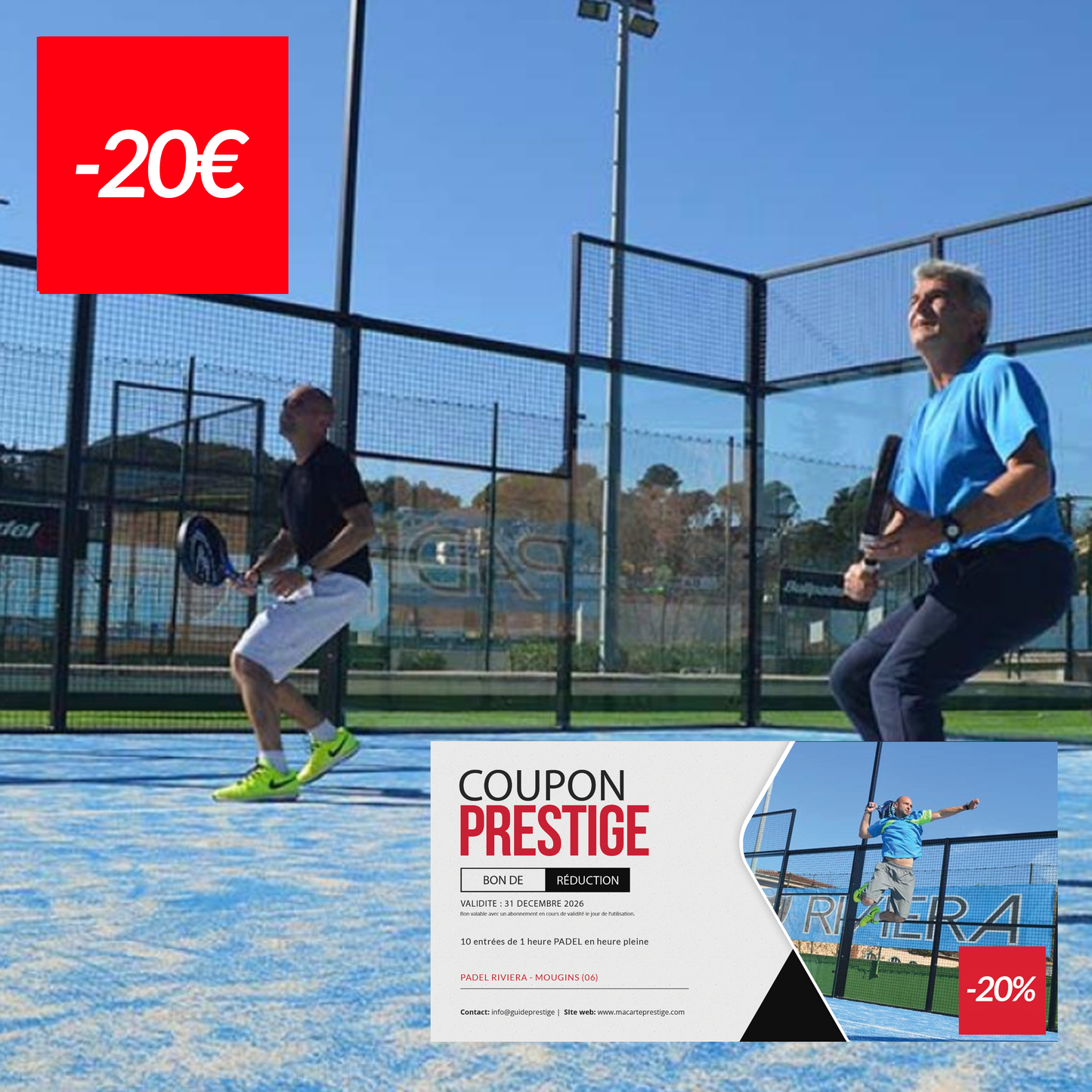 Coupon de réduction de 20 € - 10 entrées d'1 heure Padel à -20% en heure pleine Mougins (06)