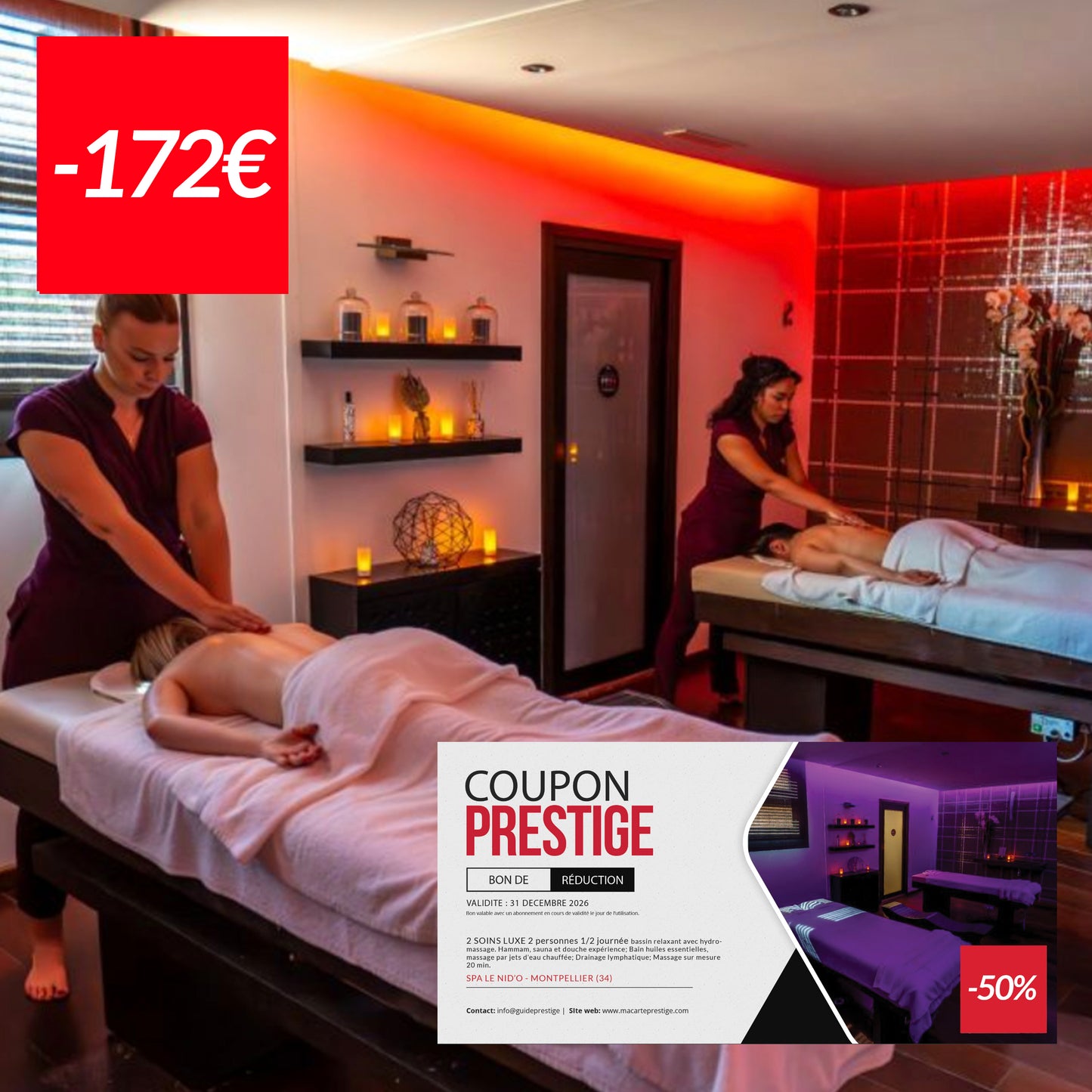 Coupon de réduction de 172 € pour 2 soins luxe hydrorelaxant 2 personnes à -50% massage huiles essentielles + drainage Spa Le Nid'O - Montpellier (34) -