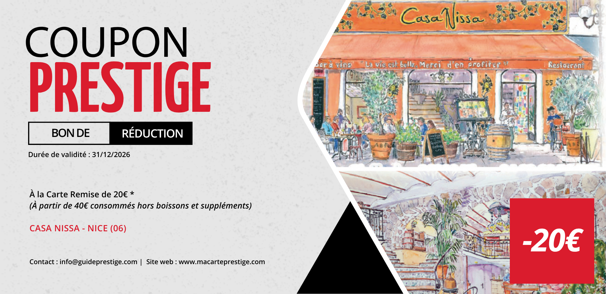 Coupon de réduction : À la Carte Remise de 20€ * - Valable chez CASA NISSA - à NICE (06)