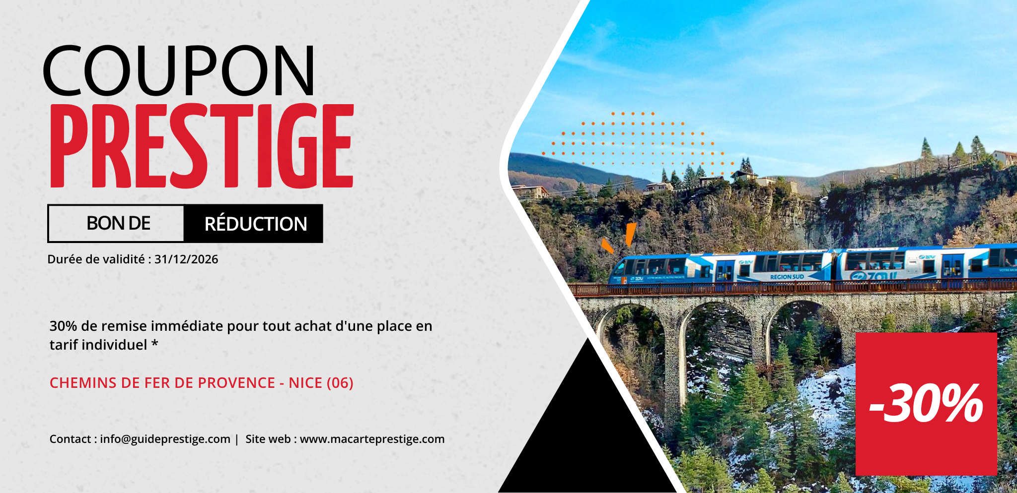 Coupon de réduction : 30% de remise immédiate pour tout achat d'une place en tarif individuel * - Valable chez CHEMINS DE FER DE PROVENCE - à NICE (06)