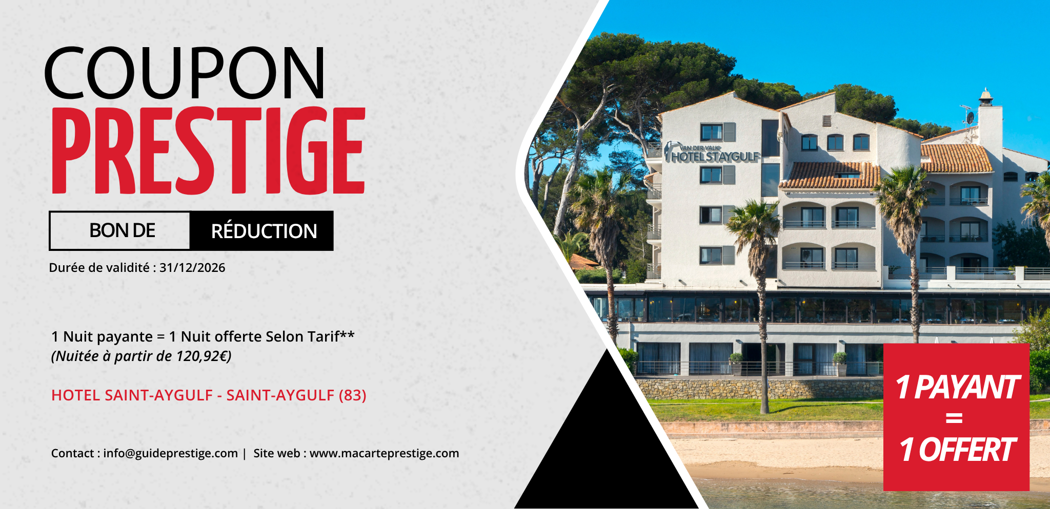 Coupon de réduction : 1 Nuit payante = 1 Nuit offerte Selon Tarif** - Valable à L'HOTEL SAINT-AYGULF - à SAINT-AYGULF (83)