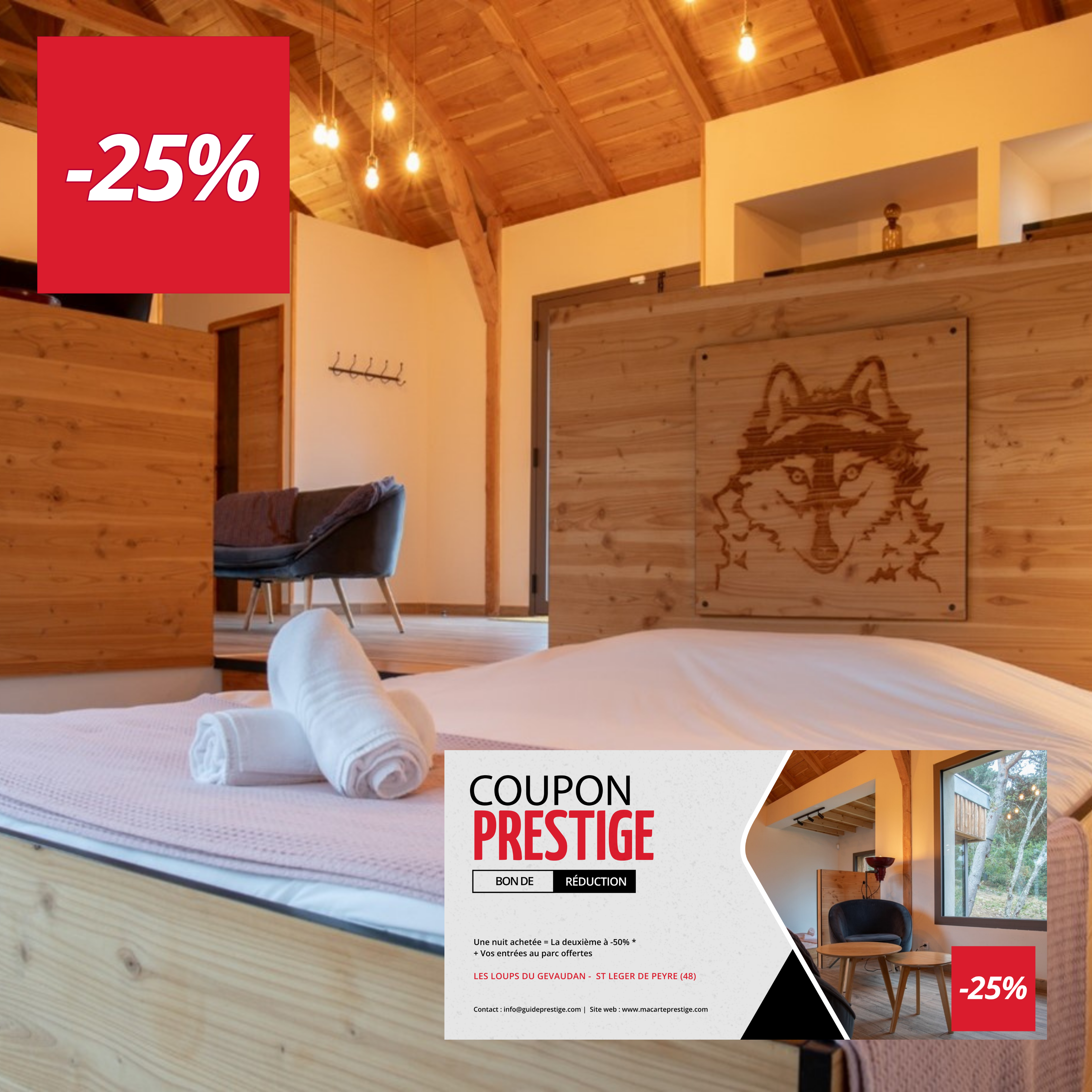Coupon de réduction : Une nuit achetée = La deuxième à -50% * + Vos entrées au parc offertes - Valable chez LES LOUPS DU GEVAUDAN - à ST LEGER DE PEYRE (48)