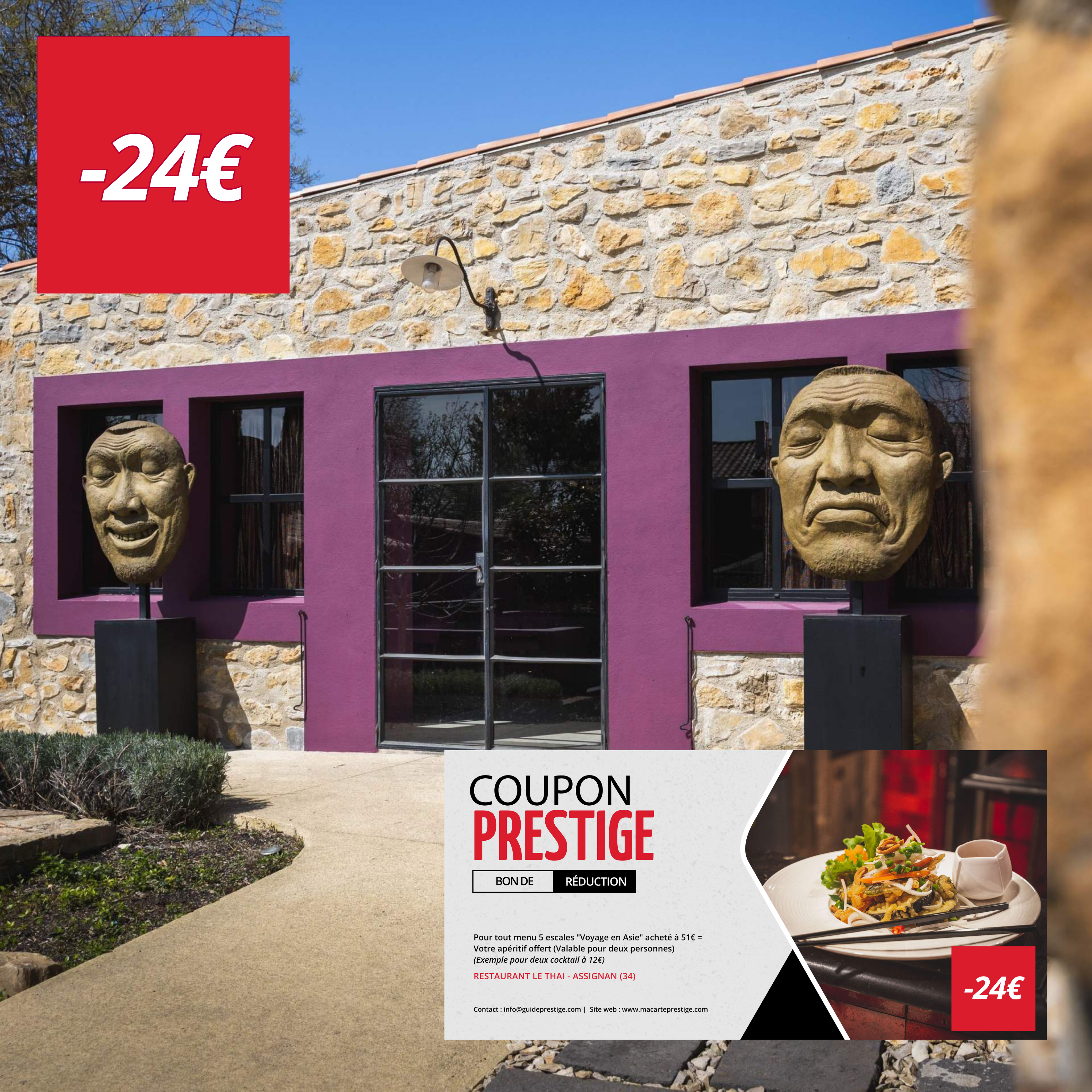 Coupon de réduction : Pour tout menu 5 escales "Voyage en Asie" acheté à 51€ = Votre apéritif offert (Valable pour deux personnes) - Valable au RESTAURANT LE THAI - à ASSIGNAN (34)