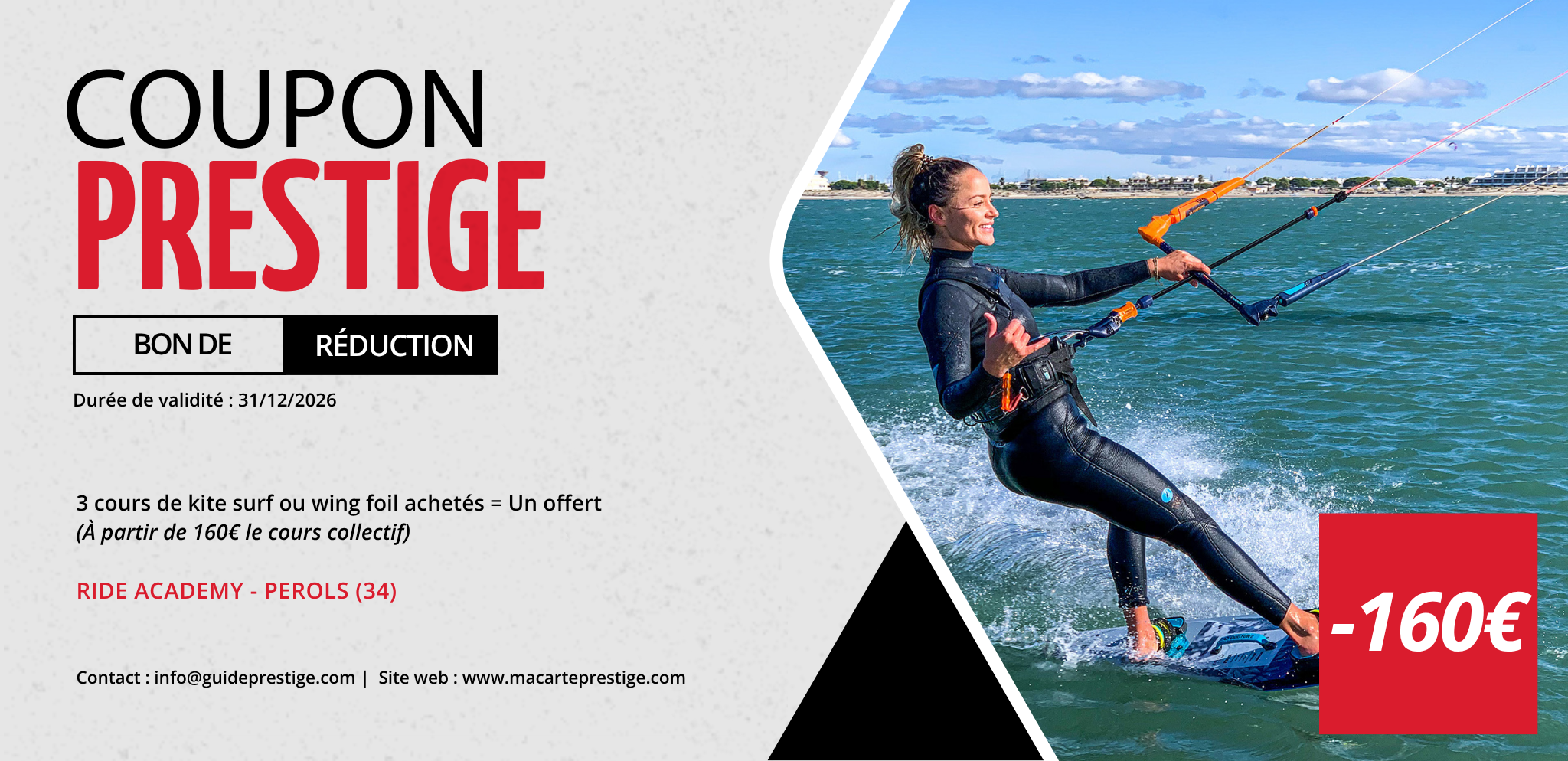 Coupon de réduction : 3 cours de kite surf ou wing foil achetés = Un offert - Valable chez RIDE ACADEMY - à PEROLS (34)