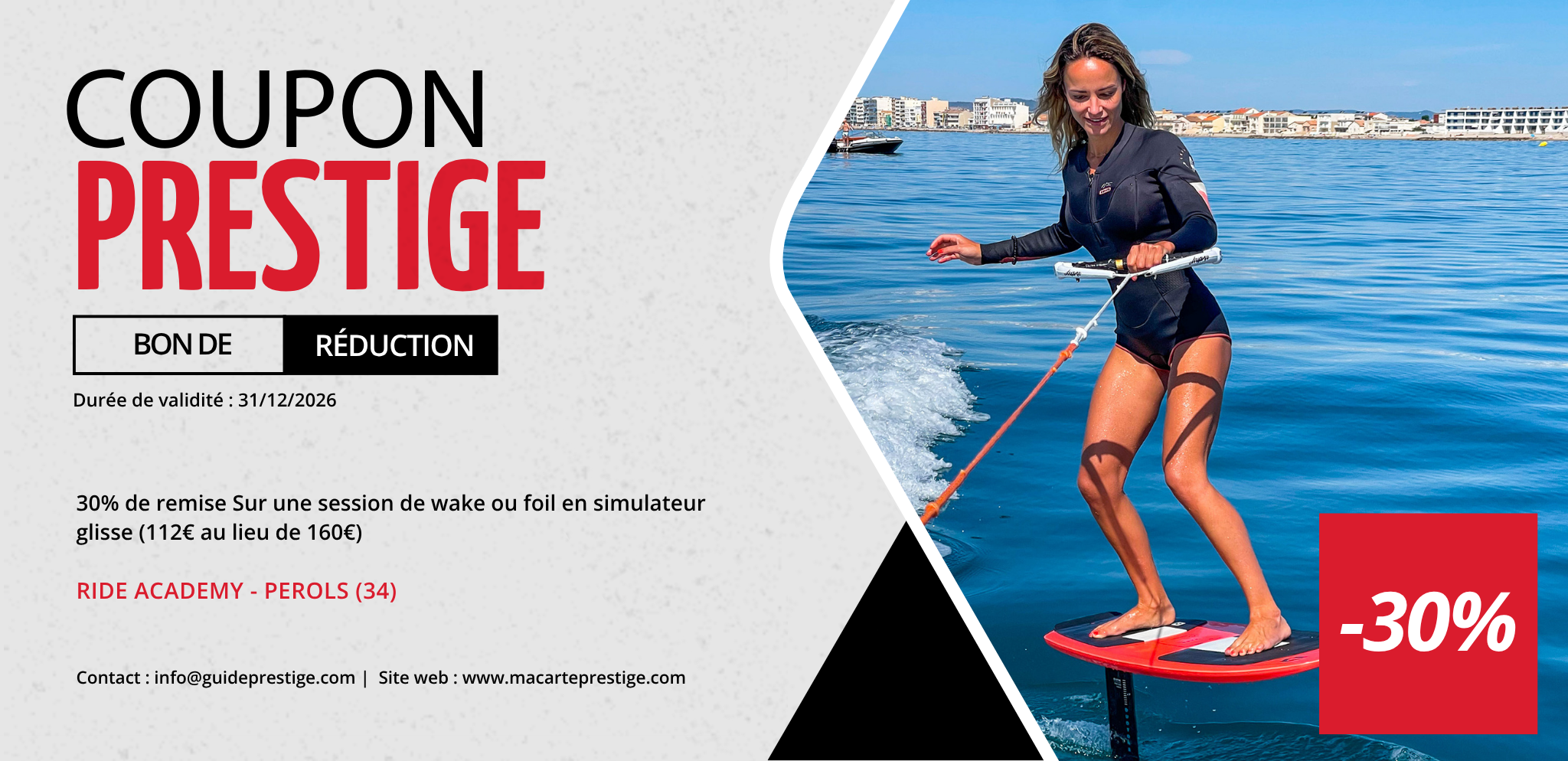 Coupon de réduction : 30% de remise Sur une session de wake ou foil en simulateur glisse (112€ au lieu de 160€) - Valable chez RIDE ACADEMY - à PEROLS (34)