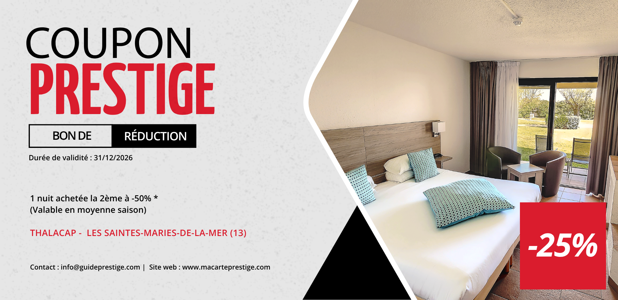 Coupon de réduction : 1 nuit achetée la 2ème à -50% * (Valable en moyenne saison) - Valable à THALACAP - à LES SAINTES-MARIES-DE-LA-MER (13)