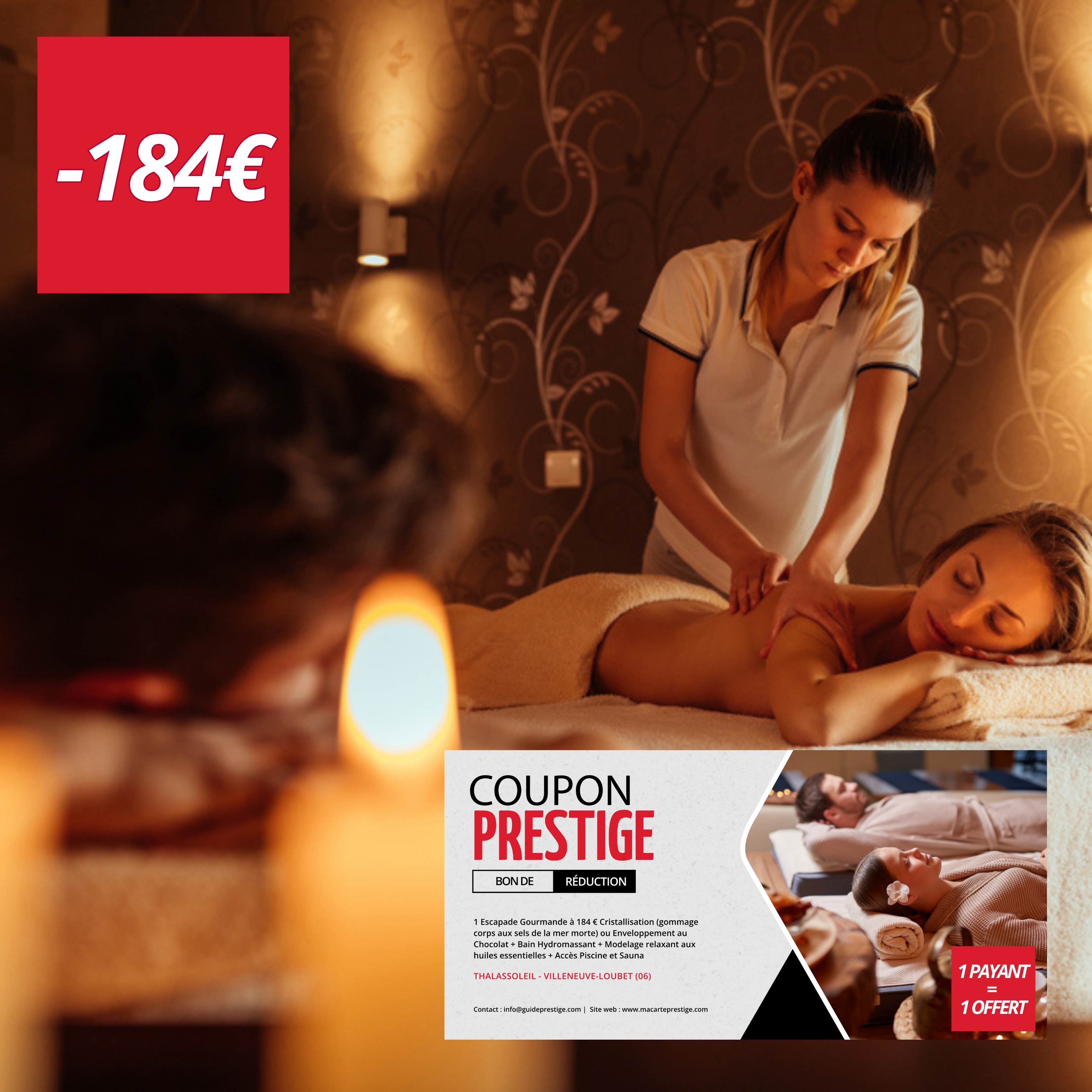 Coupon de réduction : 1 Escapade Gourmande à 184 € Cristallisation ou Enveloppement au Chocolat + Bain Hydromassant + Modelage relaxant aux huiles essentielles + Accès Piscine et Sauna - Valable à THALASSOLEIL - à VILLENEUVE-LOUBET (06)