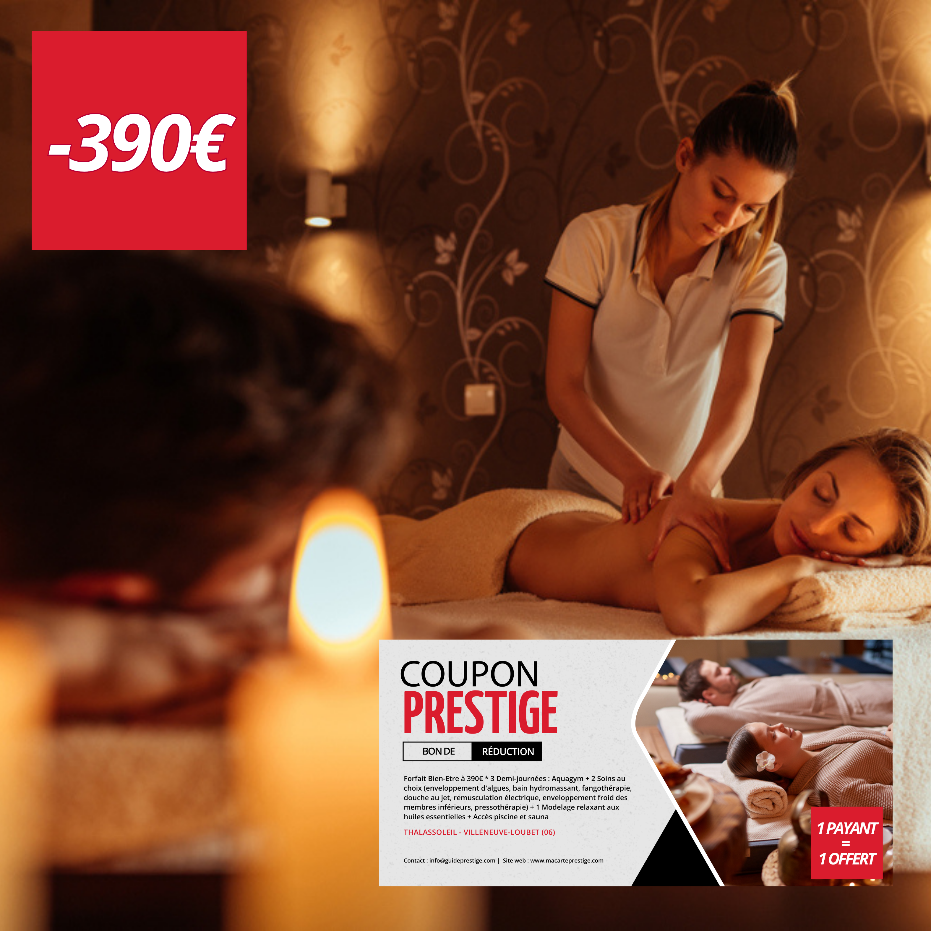 Coupon de réduction : Forfait Bien-Etre à 390€ * 3 Demi-journées : Aquagym + 2 Soins au choix + 1 Modelage relaxant aux huiles essentielles + Accès piscine et sauna - Valable à THALASSOLEIL - à VILLENEUVE-LOUBET (06)