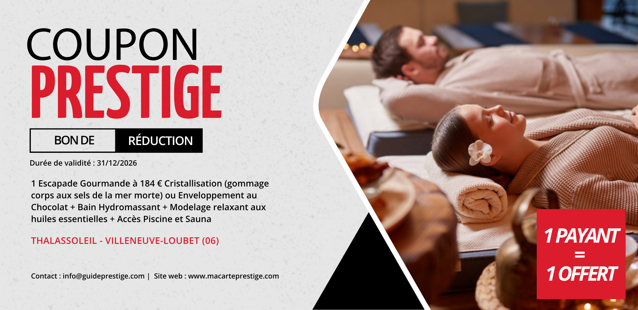 Coupon de réduction : 1 Escapade Gourmande à 184 € Cristallisation ou Enveloppement au Chocolat + Bain Hydromassant + Modelage relaxant aux huiles essentielles + Accès Piscine et Sauna - Valable à THALASSOLEIL - à VILLENEUVE-LOUBET (06)