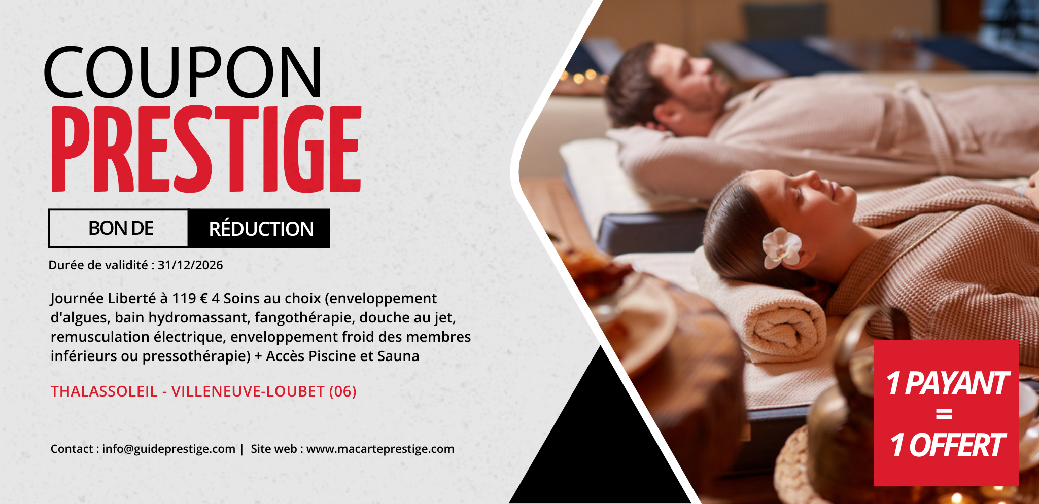 Coupon de réduction : Journée Liberté à 119 € 4 Soins au choix + Accès Piscine et Sauna - Valable à THALASSOLEIL - à VILLENEUVE-LOUBET (06)